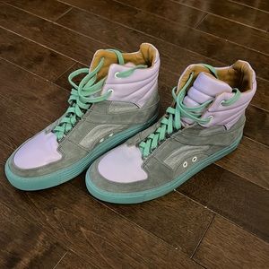 Vintage John Fluevog Leon style sneakers. Purple, teal and grey.